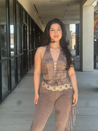 Tied front suede crop top