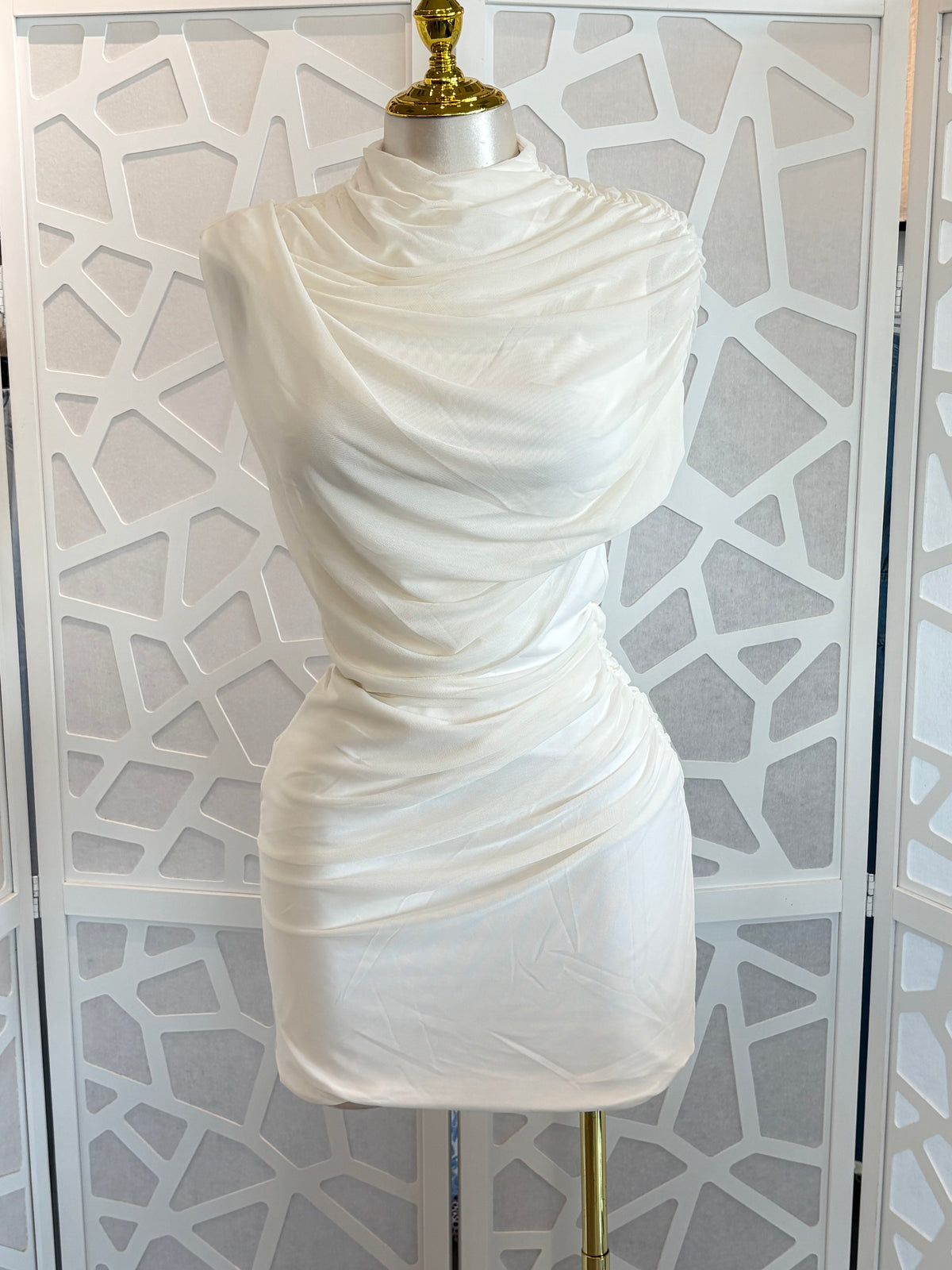 HIGH NECK CAP SLEEVE SHOULDER DRAPED DETAIL MESH MINI DRESS