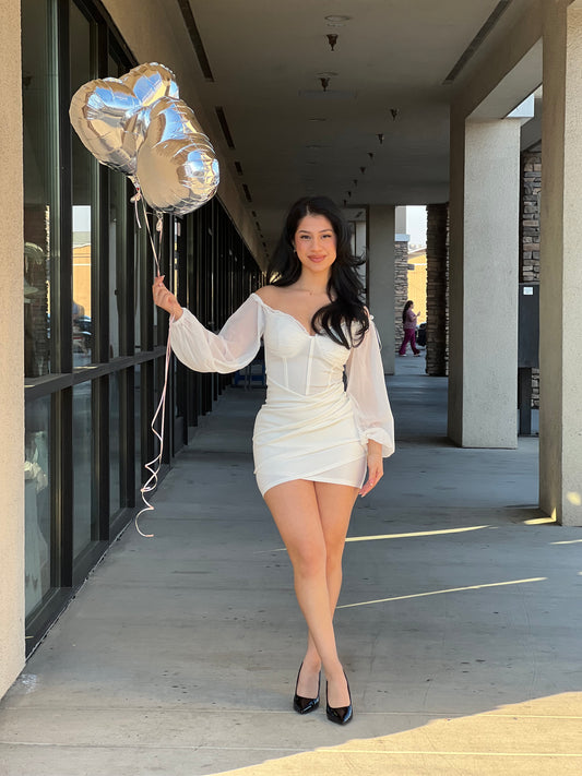 LUXE MESH SWEETHEART OFF SHOULDER MINI
DRESS