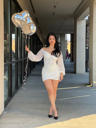LUXE MESH SWEETHEART OFF SHOULDER MINI
DRESS