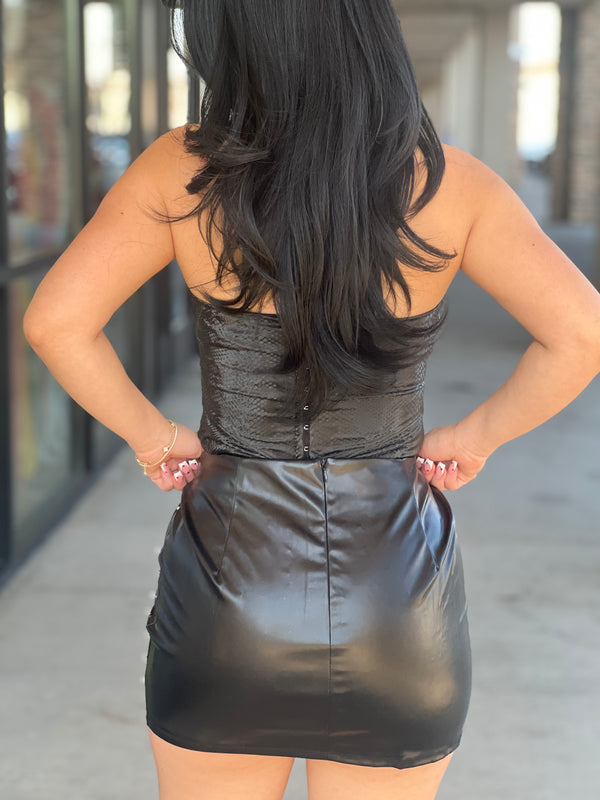 Pearl rhinestone leather skirt