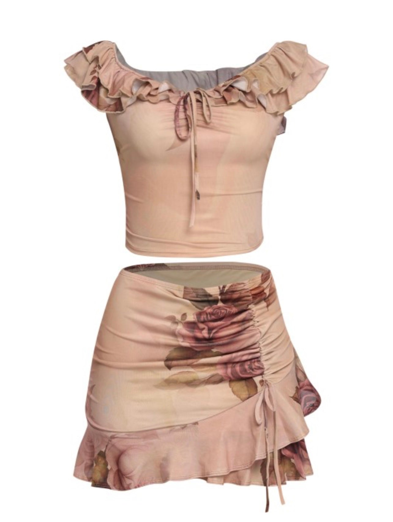 Mesh Ruffled Off Shoulder Top And Mini Skirt Set