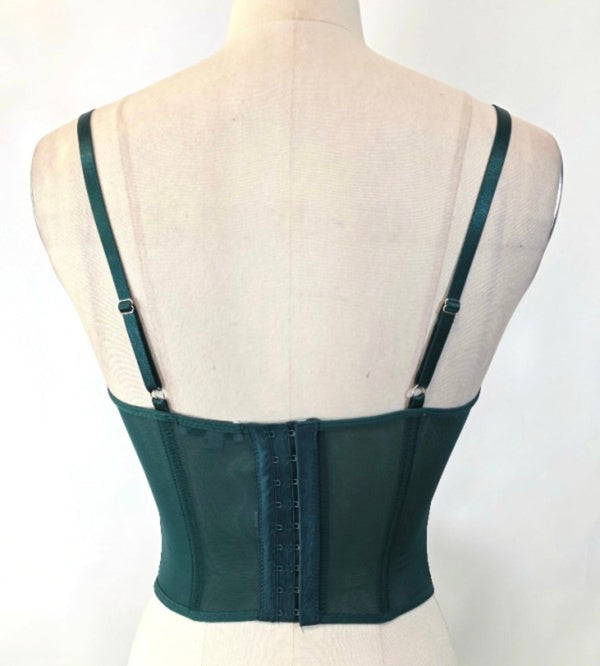 Lace and mesh corset top with adjustable straps and back hook and eye panel