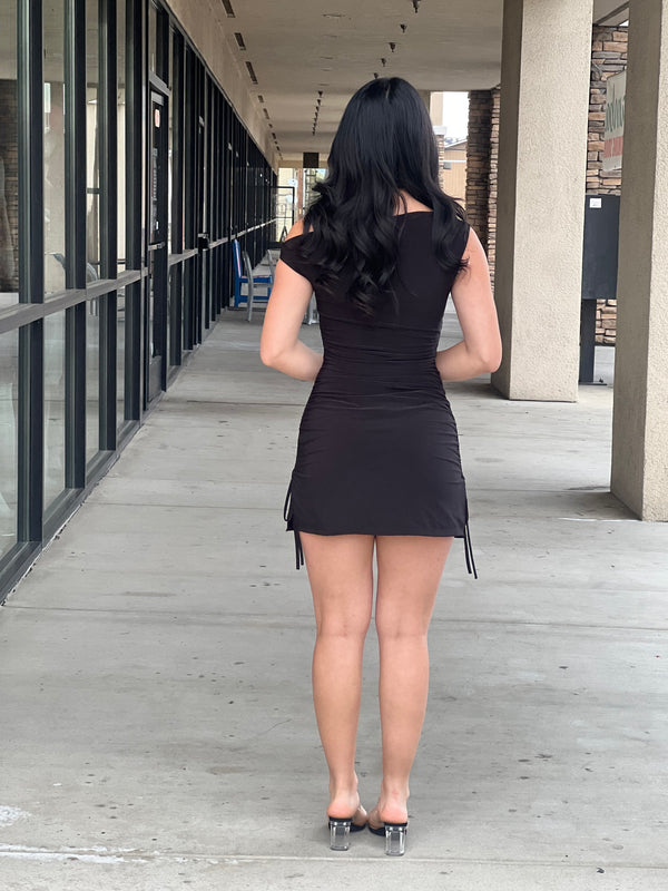 OFF SHOULDER RUCHED SIDE TIES MINI DRESS
