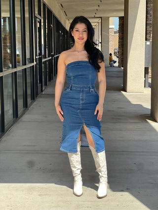 STRETCH DENIM WITH FRONT SLIT TUBE DRESS