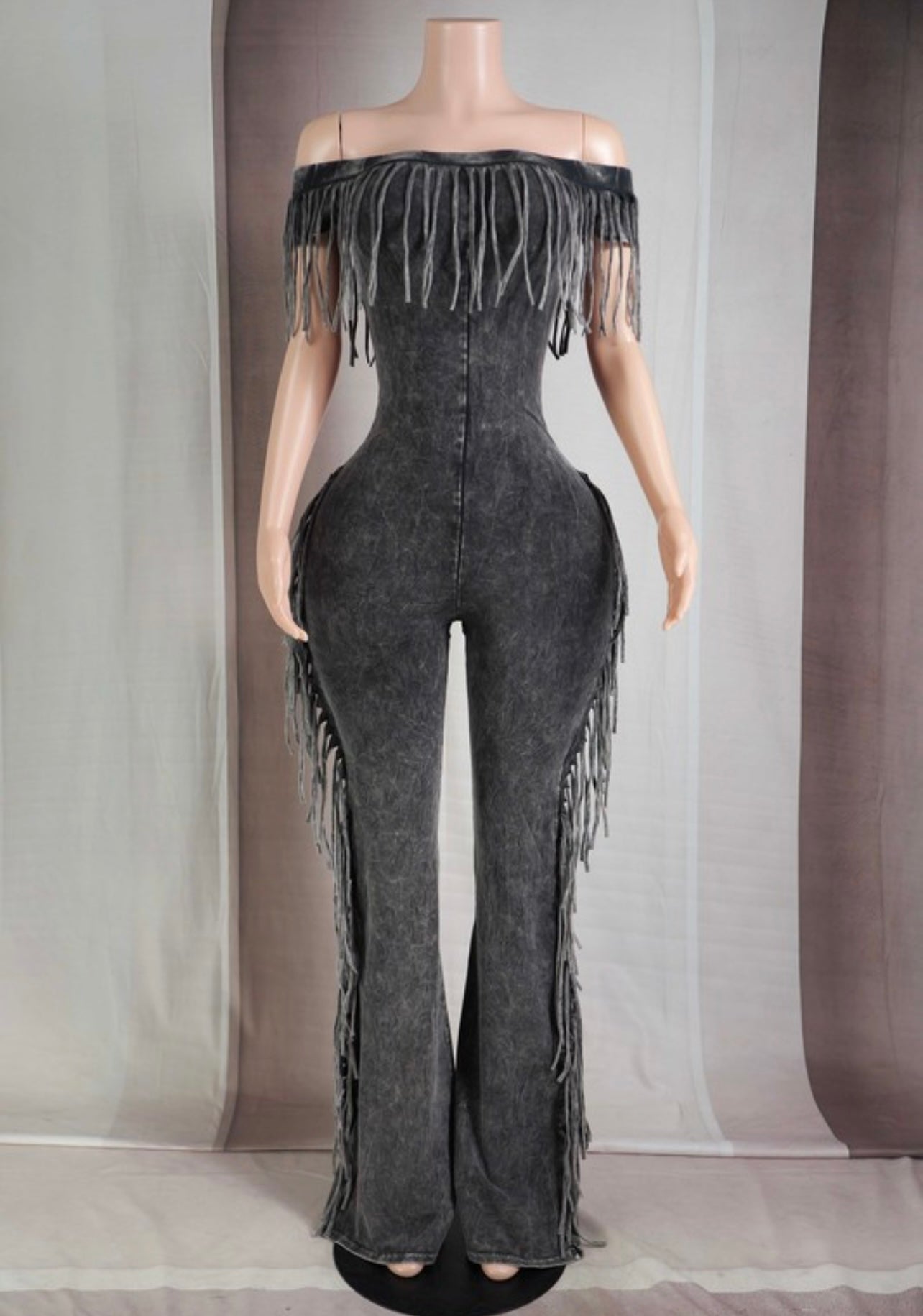 Mineral Wash Fringe Off Shoulder Jumpsuit