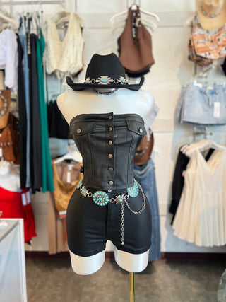 COATED PU BUTTON DETAIL BUSTIER TOP