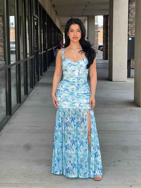 TIFFANY MESH PRINT TWIST DETAIL FRONT SLIT MAXI DRESS