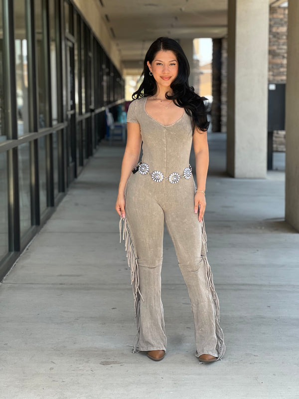 Mineral washed fringed jumpsuit MODERN BY MB LLC