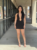 HALTER DEEP PLUNGE OPEN BACK MINI DRESS