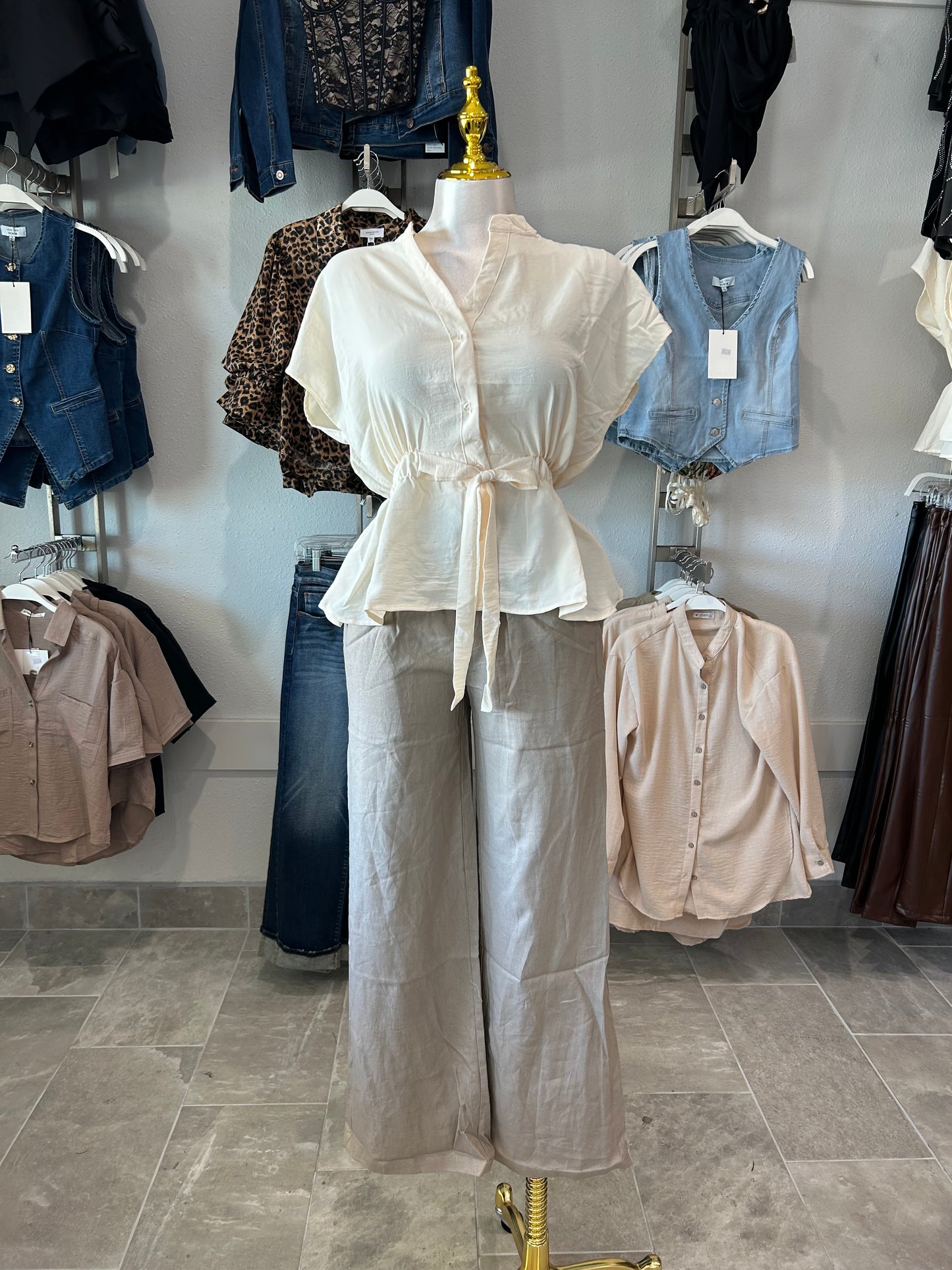 Smocked Wide-leg Linen Pants