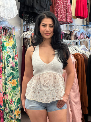 Gwyneth Knit Floral Textured Halter Baby Doll Top