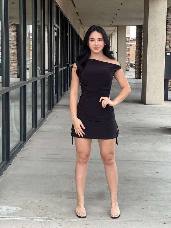 OFF SHOULDER RUCHED SIDE TIES MINI DRESS