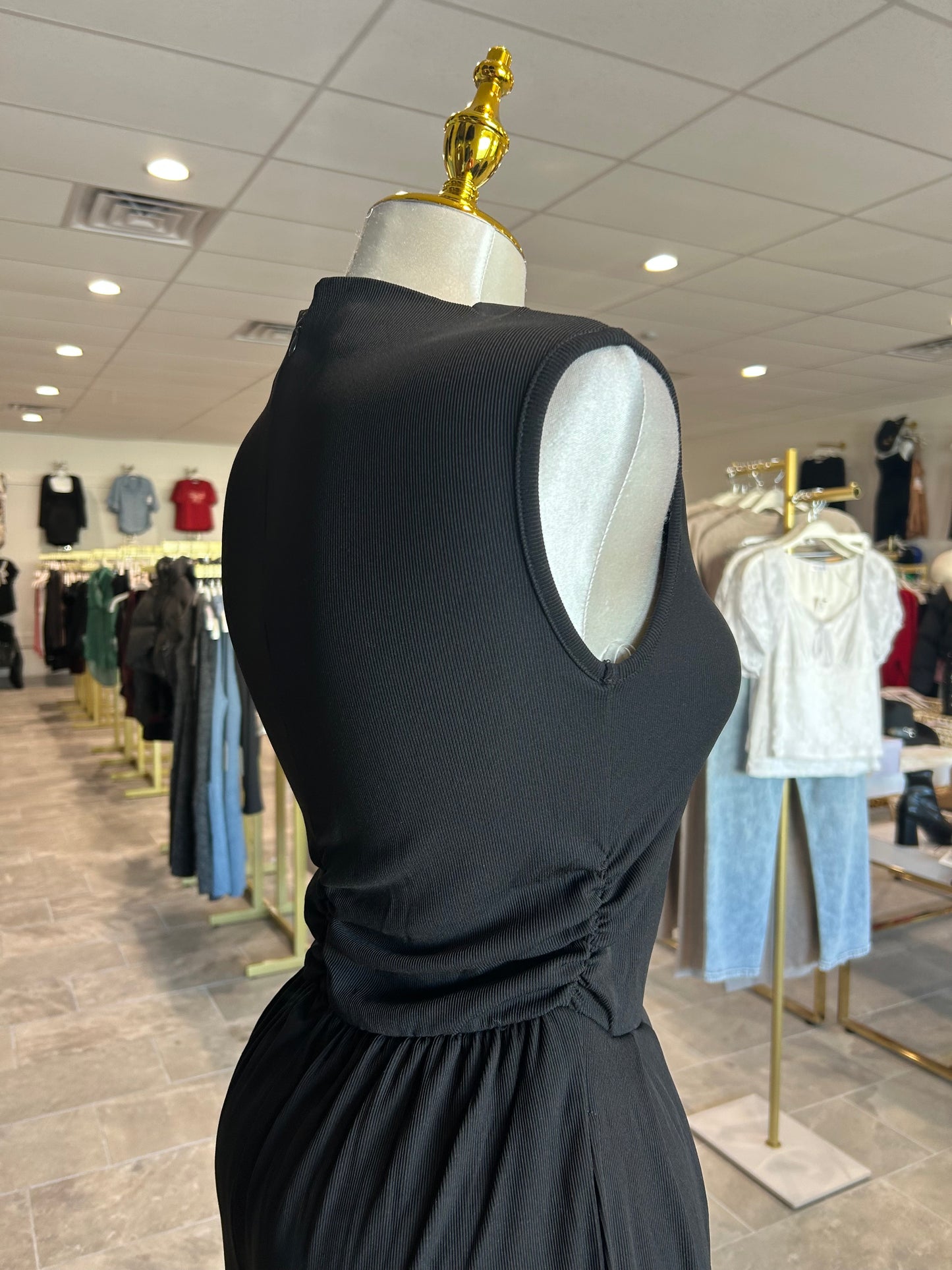 Sleeveless High Neck Pleated Rib Jumpsuit