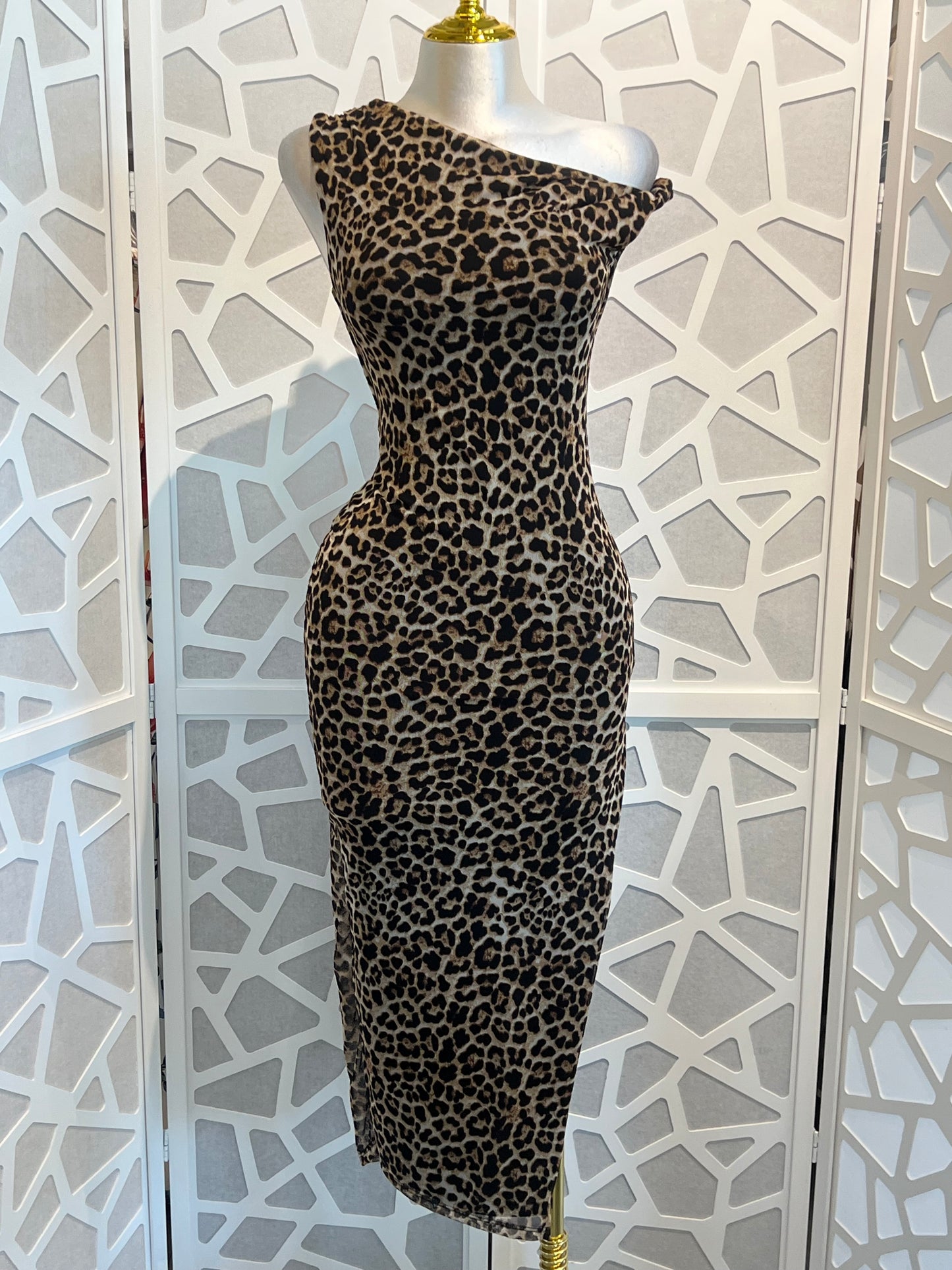 LEOPARD MESH DRESS WITH TWIST DETAIL