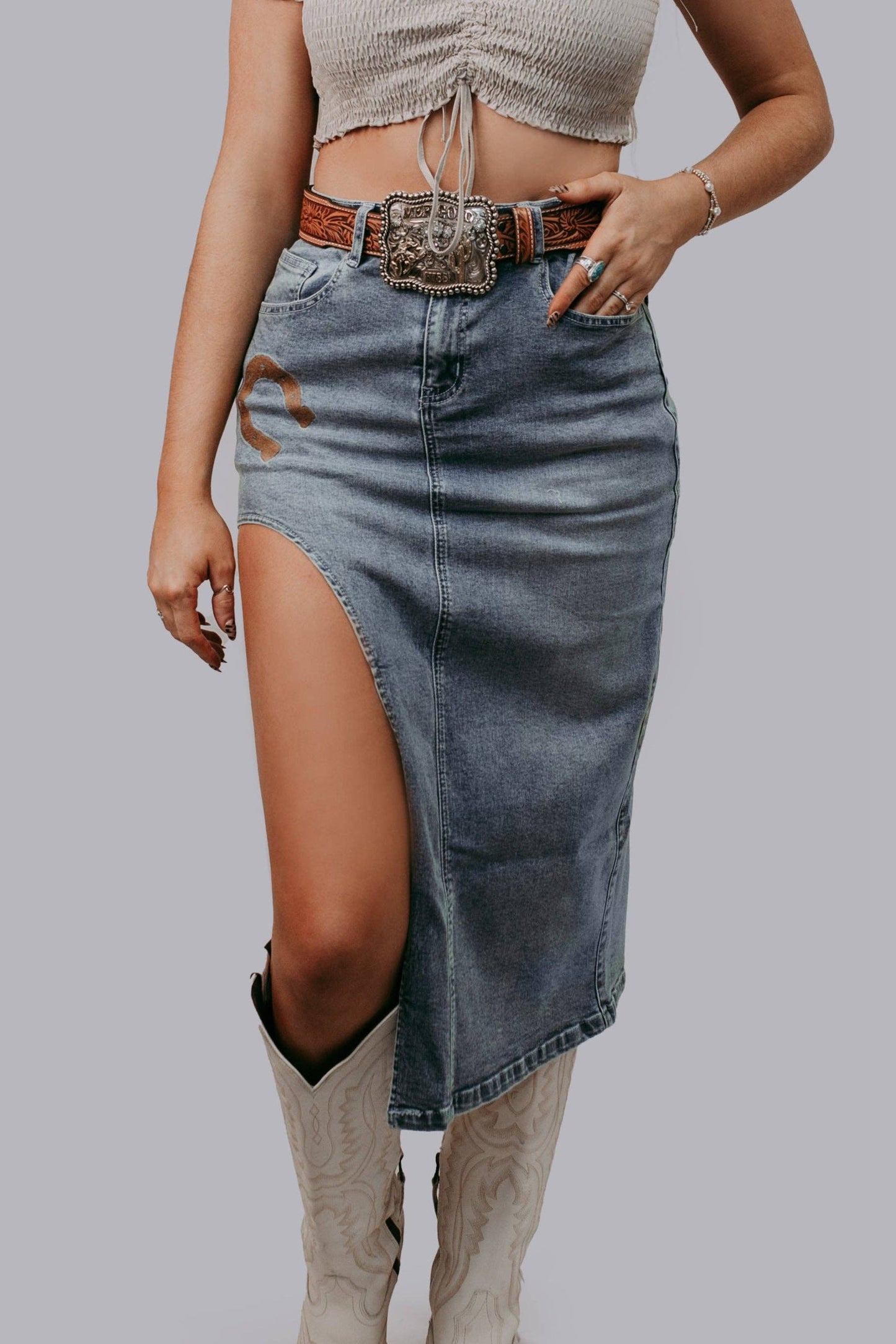 MK637Horse Shoe cut out Denim Skirt: Denim / M