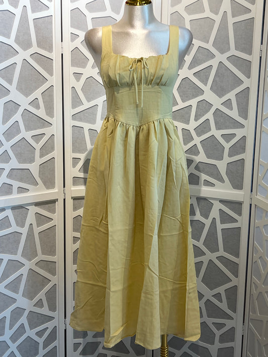 SQUARE NECK FRONT TIE CORSET DETAIL MIDI DRESS