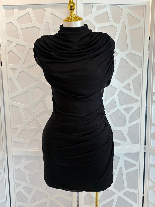 HIGH NECK CAP SLEEVE SHOULDER DRAPED DETAIL MESH MINI DRESS