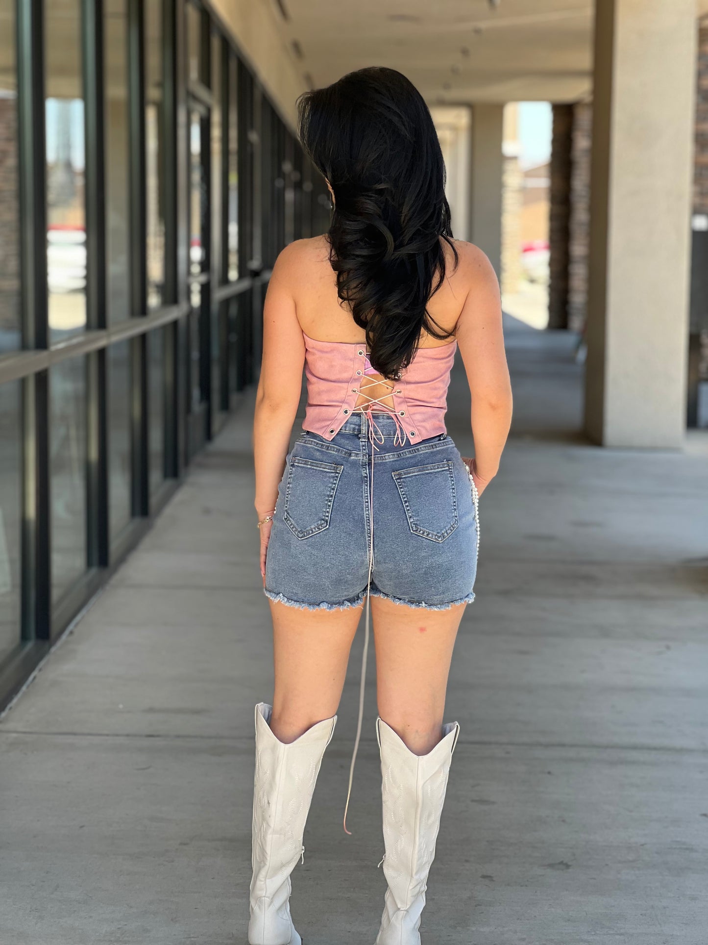 PEARL AND JEWEL EMBELLISHED DENIM SHORTS