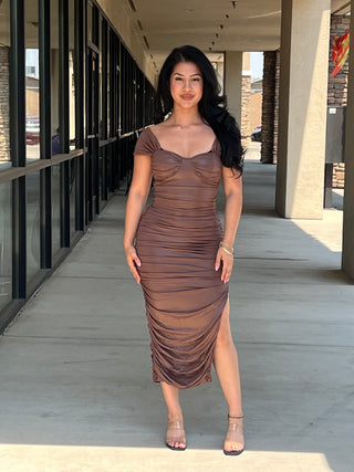 Leather midi dress with side slit