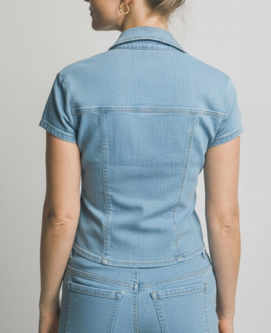 SHORT SLEEVE BUTTON UP DENIM TOP