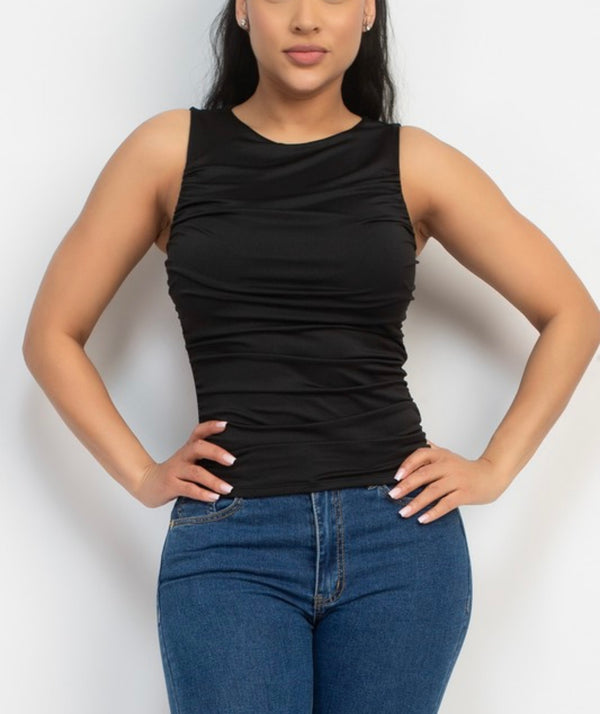 Ruched Sleeveless Round Neck Top