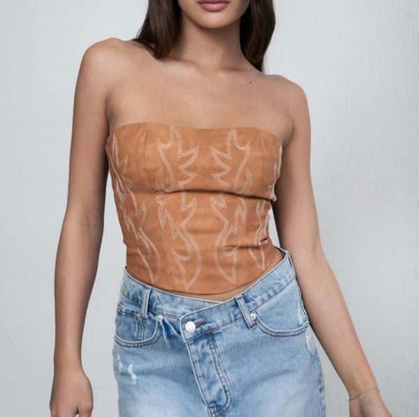 Scarlet Vegan Leather Embroidered Western Corset Top