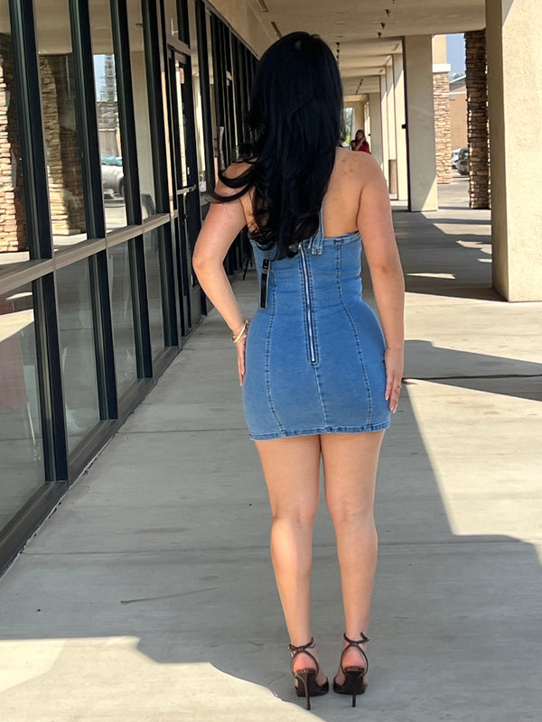 Light Wash Denim Halter Mini Dress