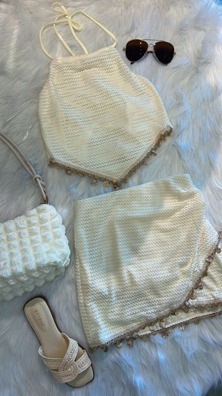 PATTERN KNIT & SHELL TRIM TASSEL SET