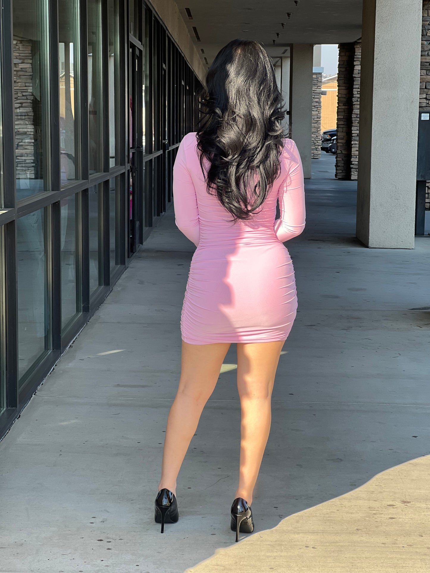 LONG BELL SLEEVE BOAT NECKLINE MINI DRESS