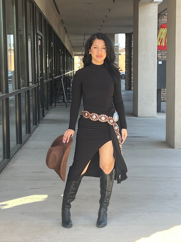 Mock Neck Ruffled Midi Dress