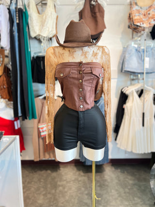 COATED PU BUTTON DETAIL BUSTIER TOP