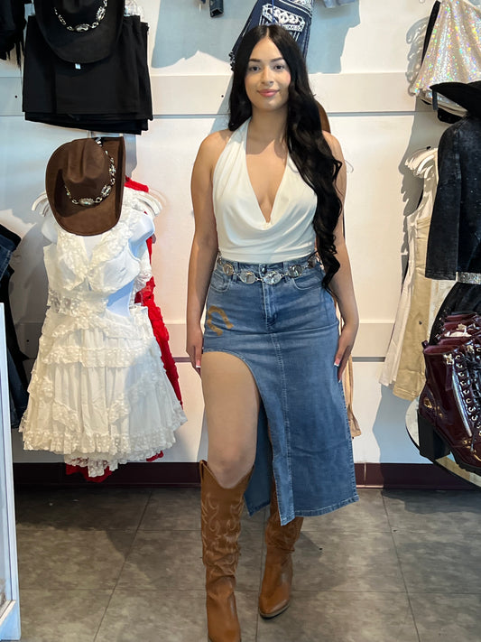 MK637Horse Shoe cut out Denim Skirt: Denim / M