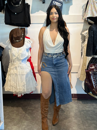 MK637Horse Shoe cut out Denim Skirt: Denim / S