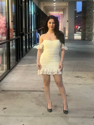 OFF SHOULDER MESH MINI DRESS