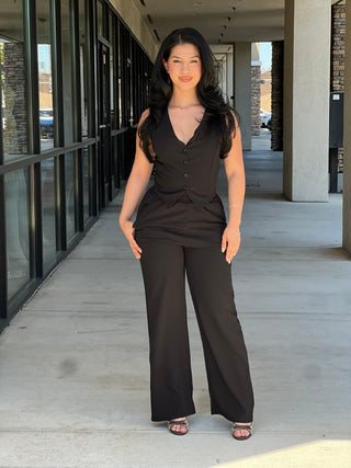Button Vest With Back Tie & Wide Leg Pants Set