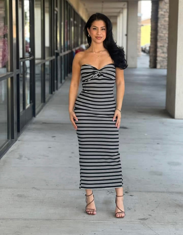 STRIPE STRAPLESS MIDI DRESS