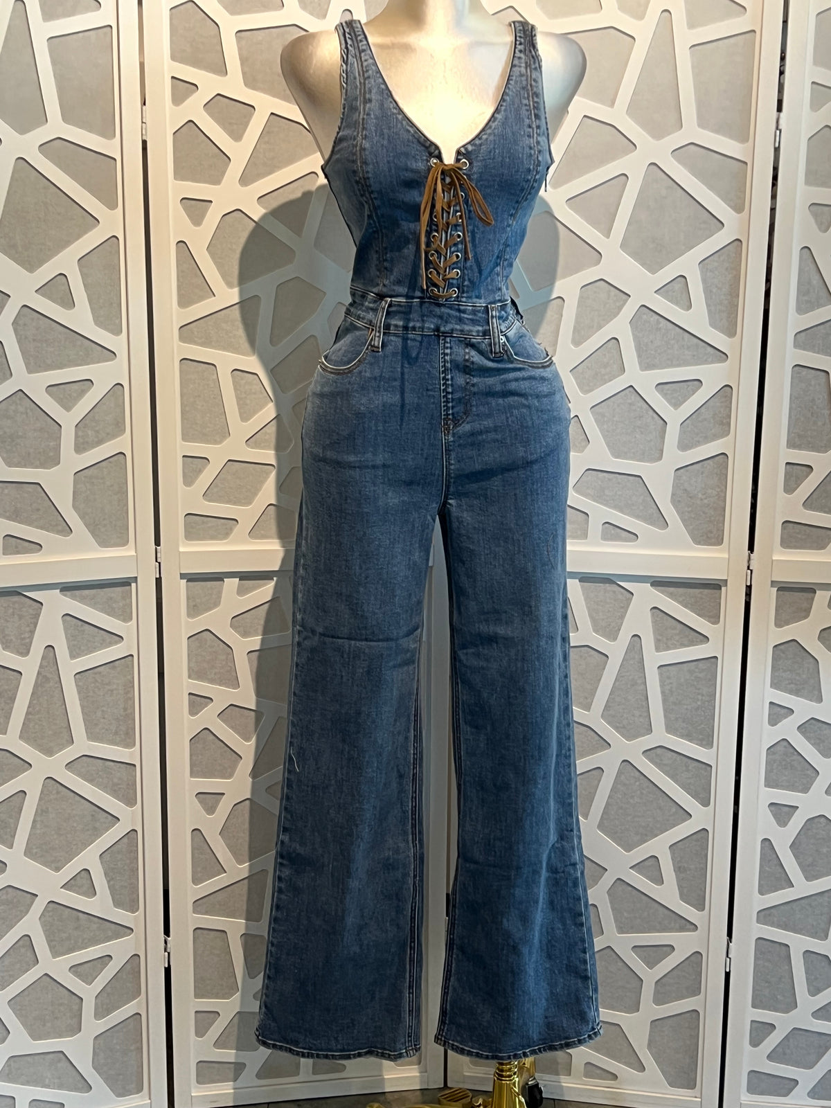 LACE UP DETAIL DENIM JUMPSUIT