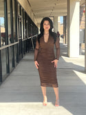 V-neck, Shirring Bottom Part Midi Dress