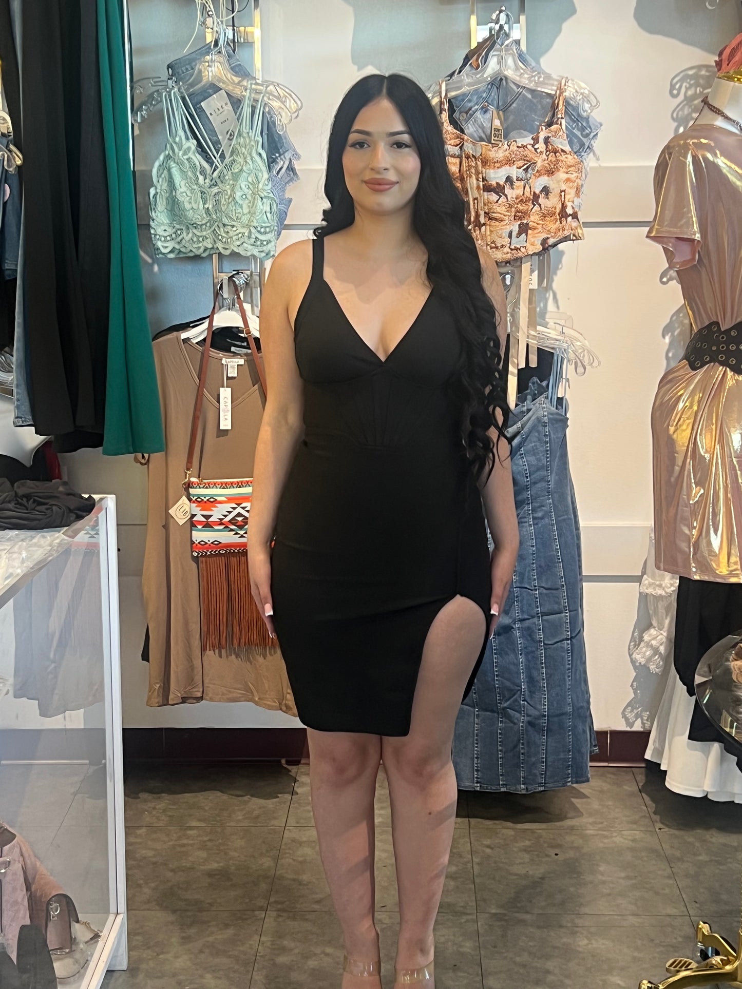 V-neck Slit Bandage Mini Dress