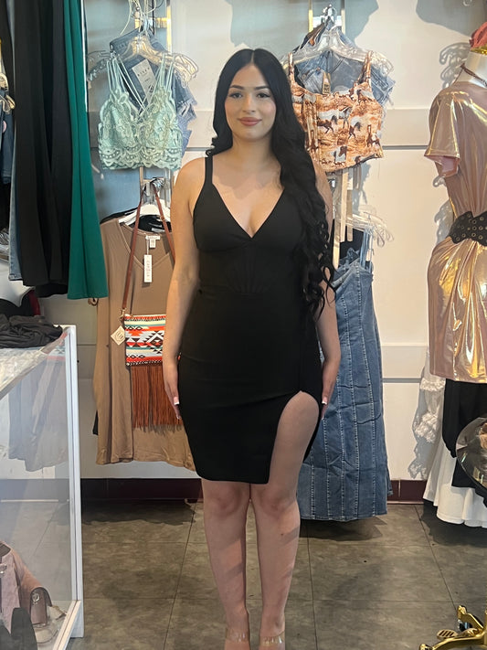 V-neck Slit Bandage Mini Dress
