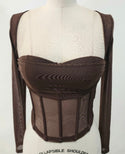 Mesh long sleeve drape front shirt