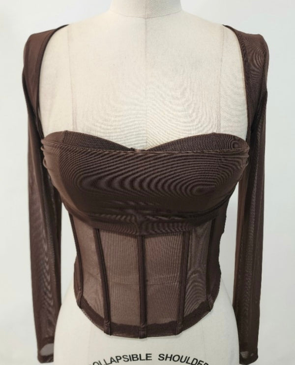 Mesh long sleeve drape front shirt
