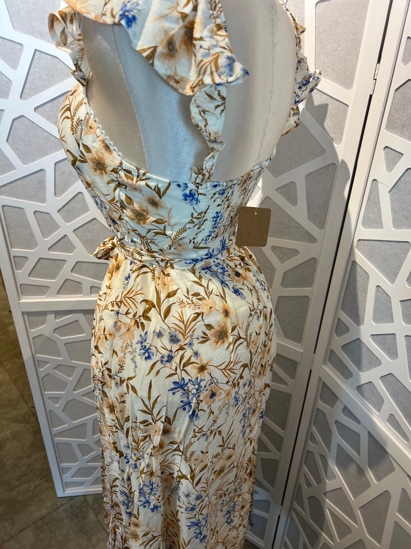 Floral waist tie front slit sleeveless midi dress