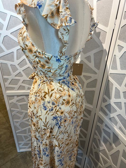 Floral waist tie front slit sleeveless midi dress