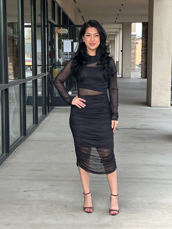 CUT OUT MESH PEARL MIDI DRESS