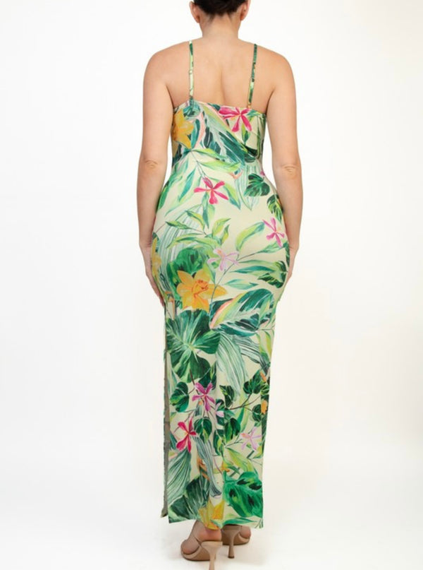 Tropical-Printed Cami V-Neck Slit Dress