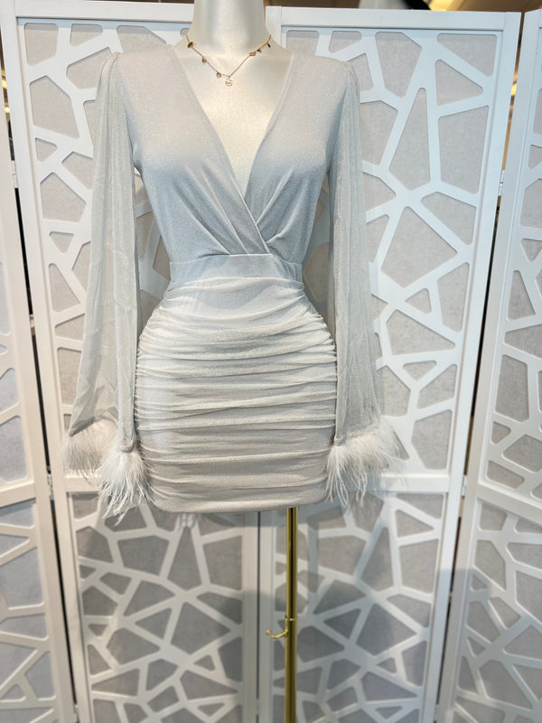 GLITTERED SHEER BELL SLEEVE MINI DRESS