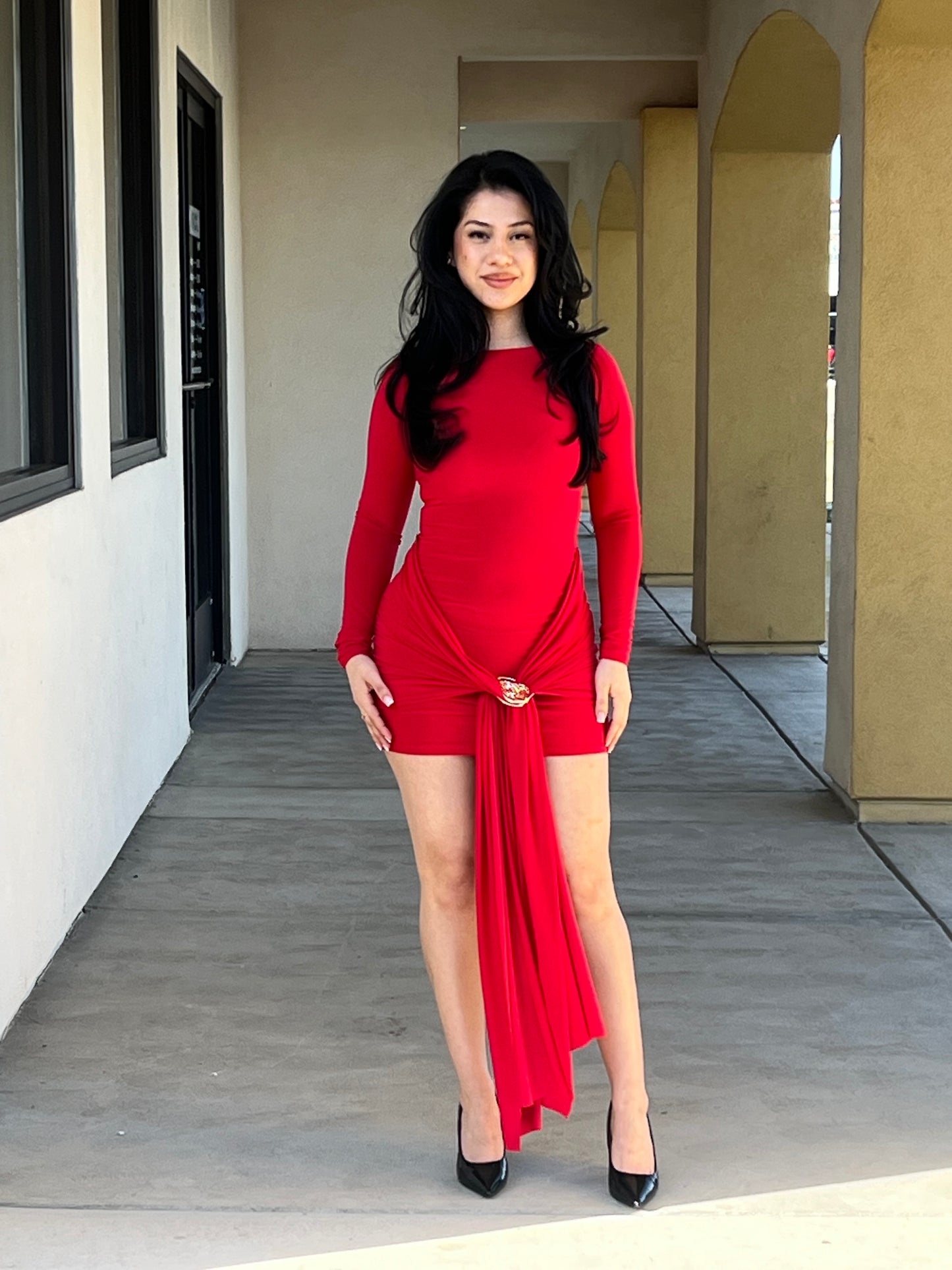 Long Sleeve Front Tie Mini Dress