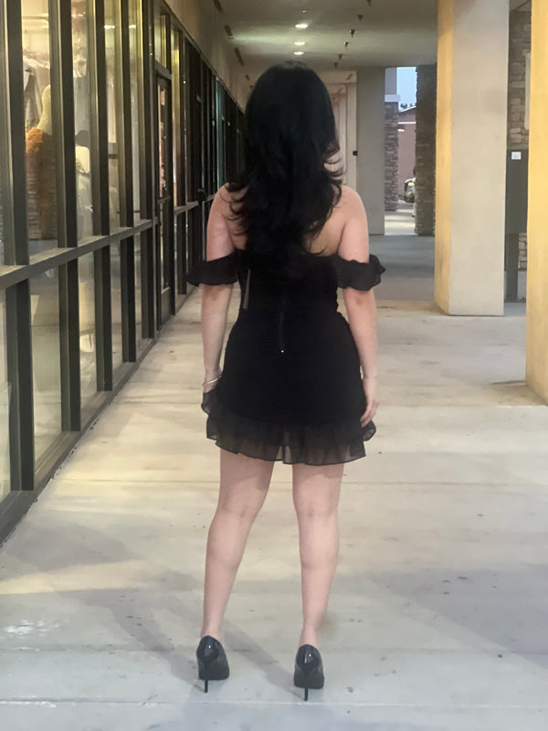 OFF SHOULDER MESH MINI DRESS